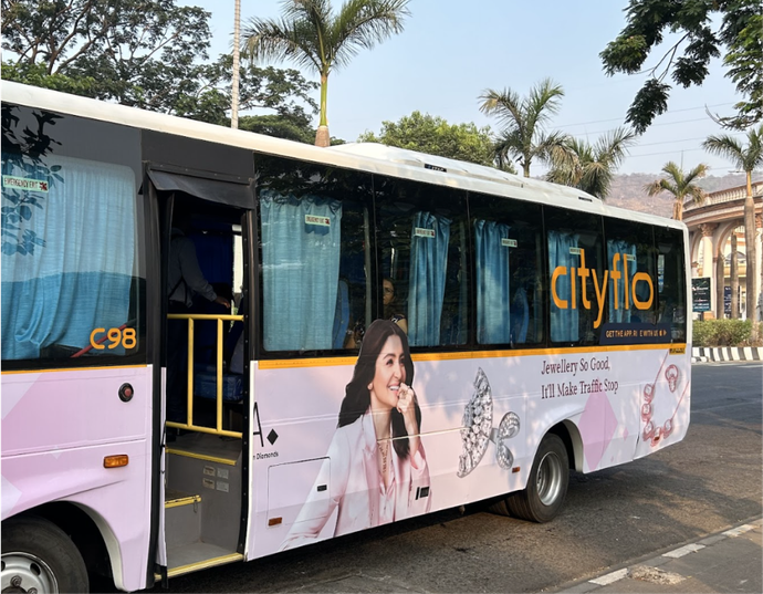 Cityflo bus with GIVA ad branding wrap in Mumbai and Hyderabad