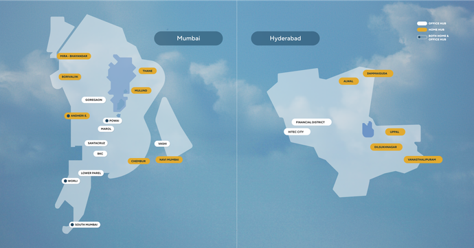 Route map of Cityflo buses in Mumbai and Hyderabad with office areas and home areas