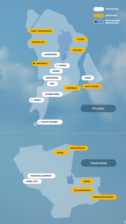 Route map of Cityflo buses in Mumbai and Hyderabad with office areas and home areas